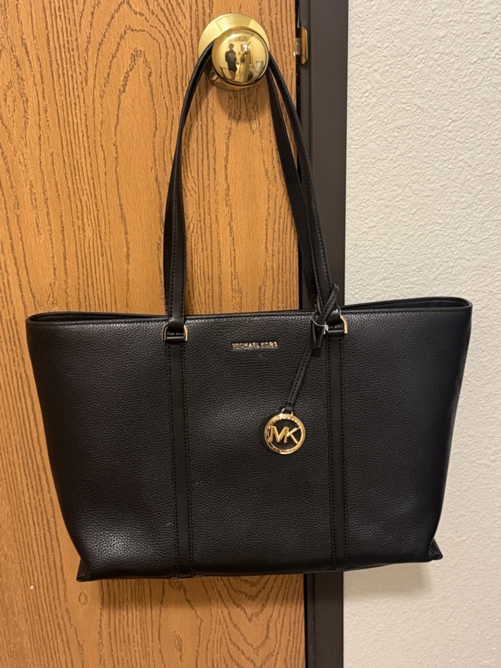 Michael Kors Black Leather Tote with Gold MK Charm